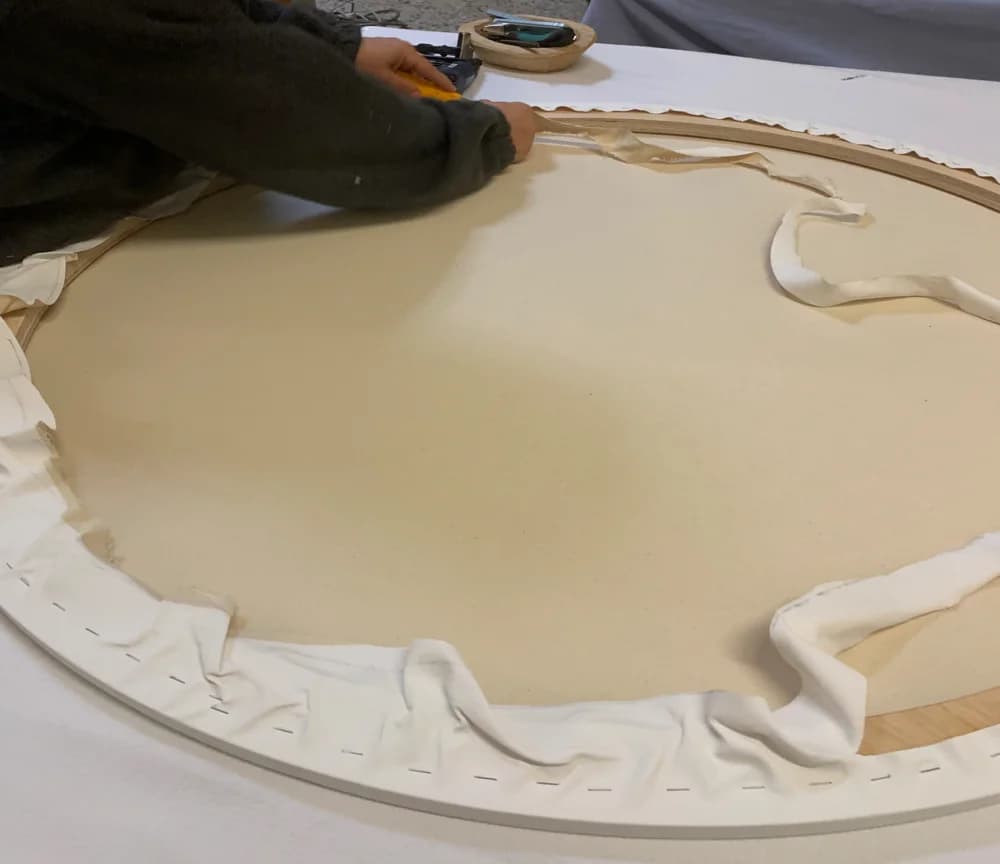 Handmade round birch canvas ready for shipping from the Xanadu Frames workshop